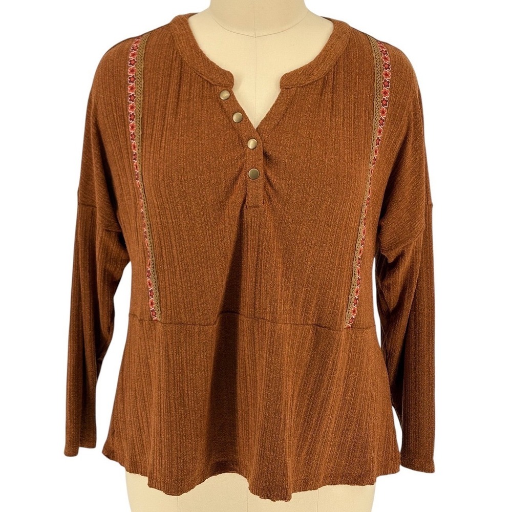 Impressions Henley Top Rust Brown Embroidered Trim Long Sleeve 2X